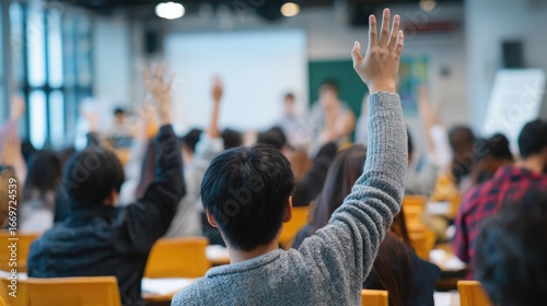 Young child actively raising hand to answer question in classroom. Demonstrating attention seeking, participating in educational process, and demonstrating knowledge.
