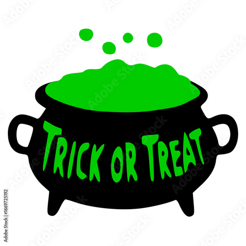 halloween illustration witch cauldron vector art with bubbling green liquid isolated on transparent background, trick or treat text, halloween element flat art