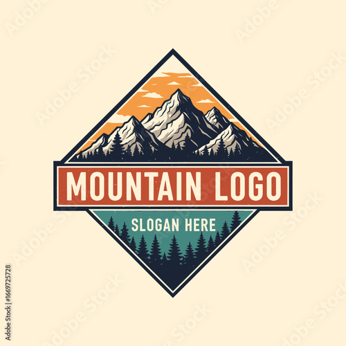 Vintage mountain logo design with snow-capped peaks, pine trees, and a sunset sky, enclosed in a diamond shape with a banner.