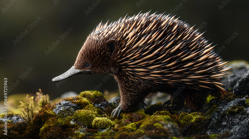 Obraz premium Curious echidna explores mossy terrain with sharp quills and gentle snout, a unique Australian wildlife encounter.