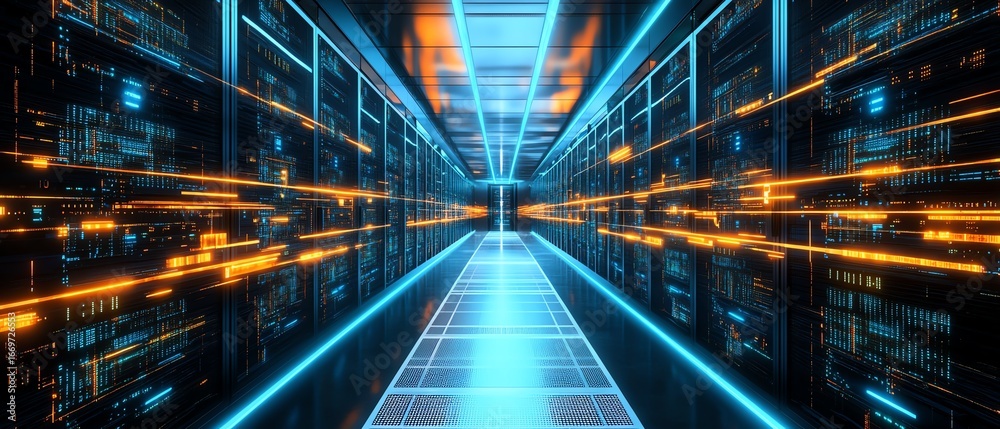 Fototapeta premium Futuristic server room with glowing lights.