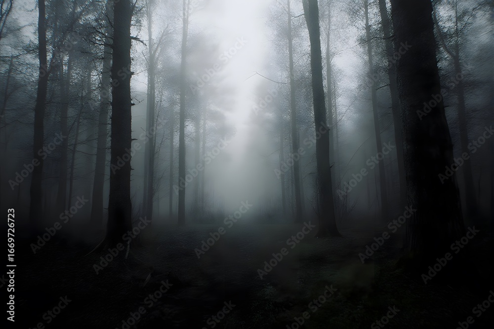 Fototapeta premium Foggy forest path in dim light.