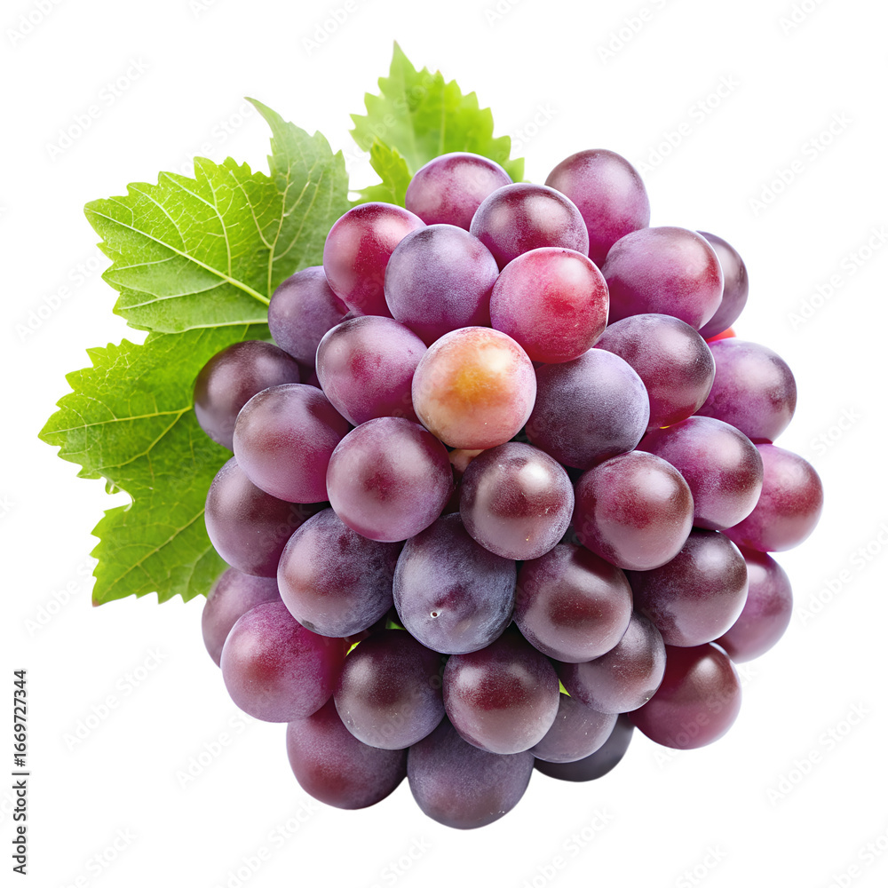 Fototapeta premium A bunch of vibrant red and purple grapes with fresh green leaves, isolated on a transparent background, highlighting their plumpness and natural sweetness, ideal for wine or healthy snack imagery