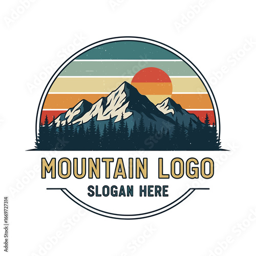 Vintage mountain logo design featuring a prominent peak, evergreen forest, and a setting sun against a striped sky.