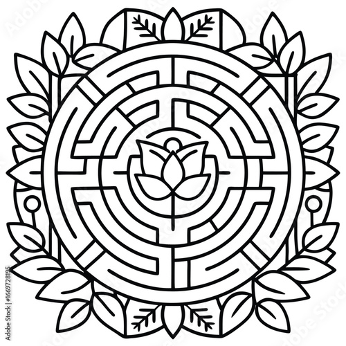 Intricate labyrinth maze coloring page framed vector line art design
