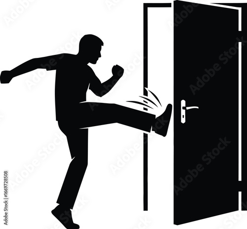 Silhouette of a man kicking a door, conveying a sense of anger, frustration, and forceful action