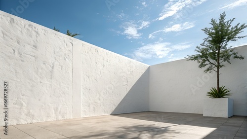 White-walled courtyard with tiled floor and single potted tree – Minimalist architecture, natural contrast, geometric shadows, serene outdoor space, clean design, sunlight clarity