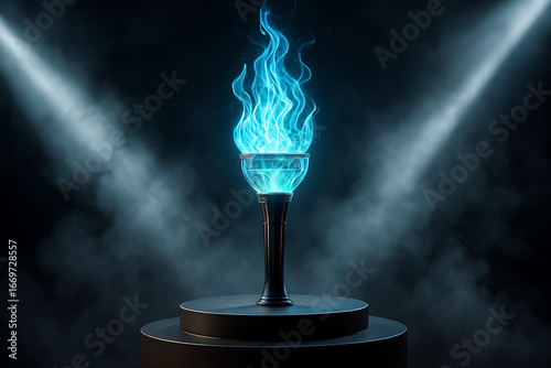 Futuristic Blue Flame Torch on a Pedestal in a Dark Setting