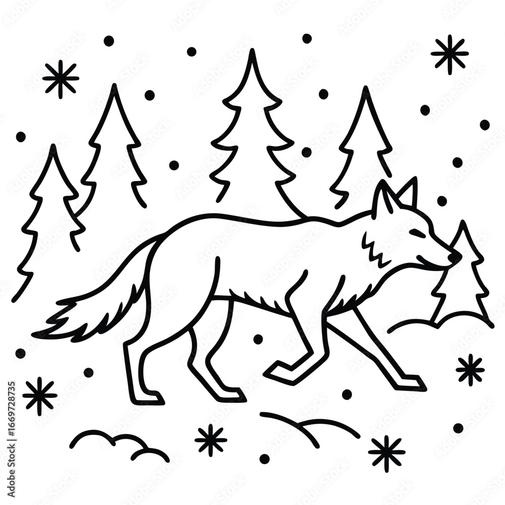 Fototapeta premium Wolf running through snowflakes coloring page vector art design