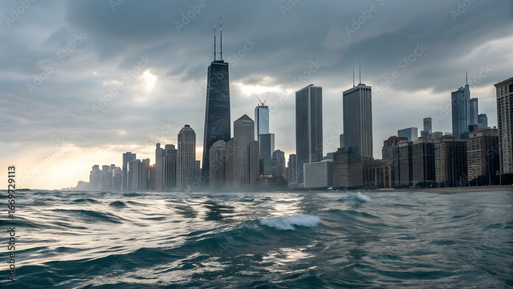 Obraz premium Metropolis by the Sea A Futuristic Cityscape on the Coast Urban Oasis Skyscrapers and Sand on a Coastal Skyline Modern Beachfront Towering Buildings Over a Blue Ocean Architectural Dreamscape