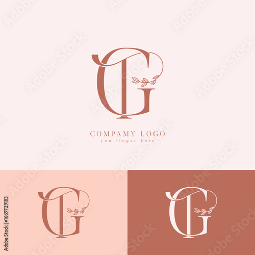 TG, GT initial letter monogram logo with floral 