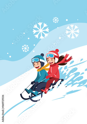 Joyful children enjoying winter sledding adventure down snowy hill