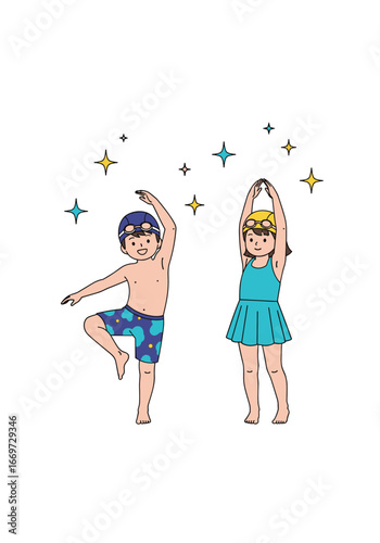 Two cheerful young children in swim attire practice dance moves near sparkling stars
