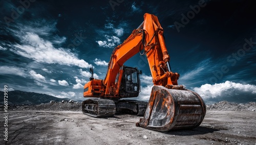 Orange excavator on construction site under dramatic sky