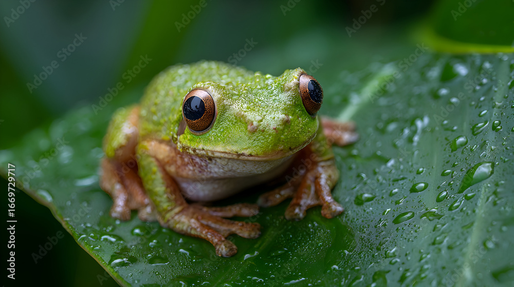 Obraz premium Stunning macro shot of a vibrant green tree frog resting on a dewy leaf, perfect for nature projects