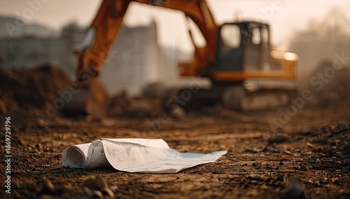 Construction blueprints on dirt ground near excavator