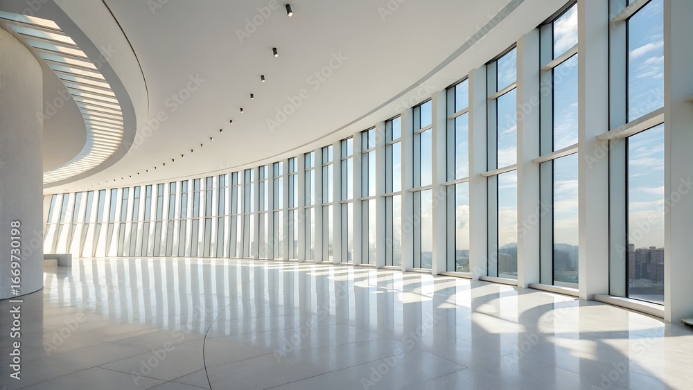 Naklejka premium Curved glass wall interior with city view and natural light reflections – Modern architecture, minimalist design, spacious, serene, shadows, sleek