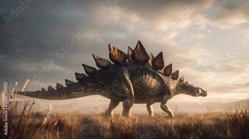 Fototapeta Naklejka Na Ścianę i Meble -  Stegosaurus roaming prehistoric landscape under dramatic sky during golden hour, perfect for educational projects and fantasy art