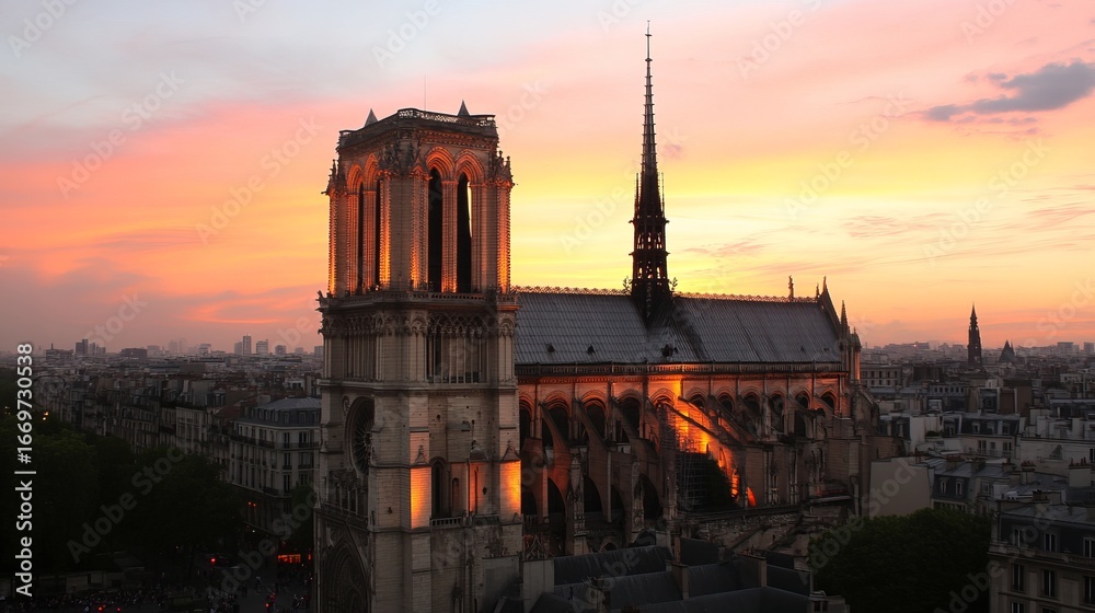 Naklejka premium Parisian cathedral at sunset