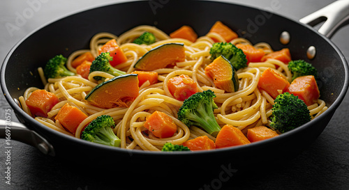 Delicious Pasta Dish with Roasted Pumpkin and Broccoli in a Pan.