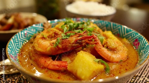 Delicious shrimp and potato curry in rich sauce  
