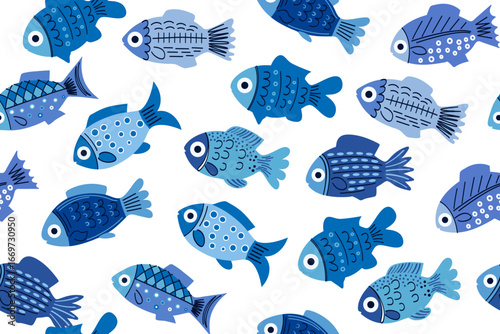 Blue fishes on a seamless pattern. Chaotic movement of ocean fishes. Scandinavian design on a white background. Children's vector illustration. Appliance for textiles, kid's stationery, wallpaper.