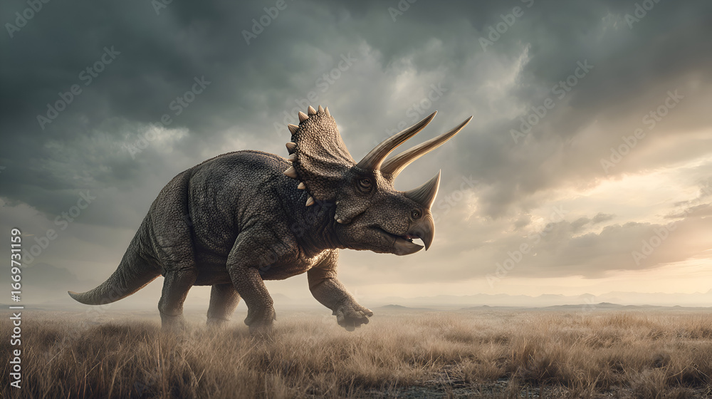 Fototapeta premium Majestic Triceratops dinosaur roaming prehistoric landscape under dramatic sky, perfect for educational content and creative projects