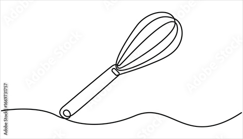 Balloon Whisk continuous one line drawing illustration. Whisk Continuous Line Art, Cooking whisk one line continuous drawing. One line ff kitchen tool balloon whisk.