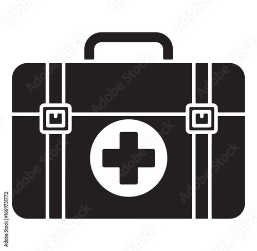 Black and white first aid kit icon design suitable for medical emergency or healthcare concepts