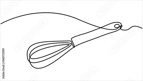 Balloon Whisk continuous one line drawing illustration. Whisk Continuous Line Art, Cooking whisk one line continuous drawing. One line ff kitchen tool balloon whisk.
