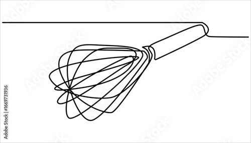 Balloon Whisk continuous one line drawing illustration. Whisk Continuous Line Art, Cooking whisk one line continuous drawing. One line ff kitchen tool balloon whisk.