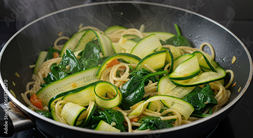 Delicious Pasta Dish with Zucchini and Spinach in a Pan.