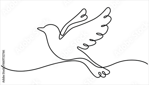 Single Line Dove Drawing Peace, Flight, Freedom, Hope, Art, Simple Linear Drawing, flying dove bird. Continuous one line drawing of flying bird. Minimalist bird, dove, pigeon outline design. 

