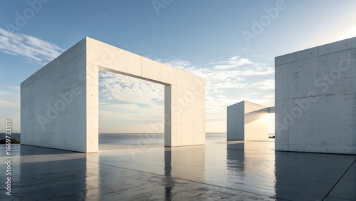 Coastal Reflections – Minimalist Concrete Geometry Meets Nature’s Serenity, Architecture, Conceptual, Abstract, Modern Design, Tranquility, Reflection