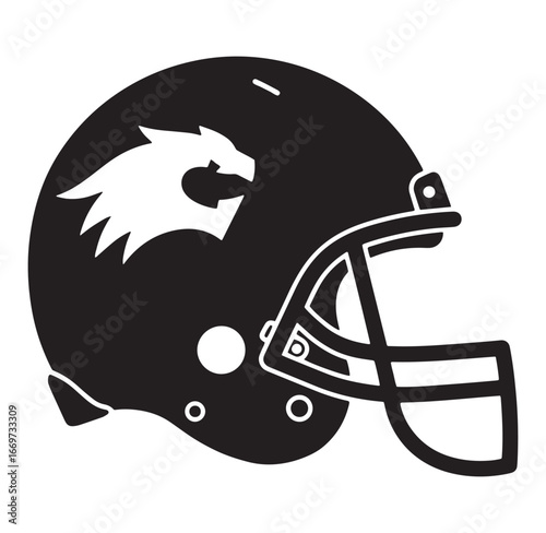 Black and white vector illustration of an american football helmet with a team dragon logo.
