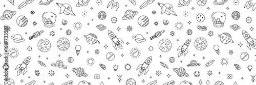 Space-themed Seamless Pattern: Planets, Rockets, Stars, and UFOs in Black Outline on White Background