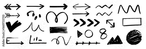 Collection of 28 Hand-Drawn Black Ink Elements: Arrows, Shapes, and Decorative Lines for Design