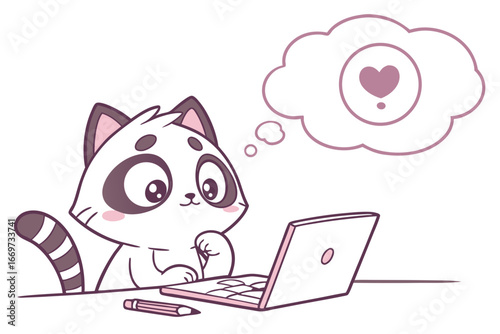 Cute raccoon with laptop thinking of love illustration, perfect for romantic designs, social media, and online dating themes
