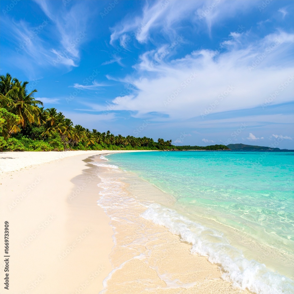 Fototapeta premium Tropical beach with white sand, calm sea and clear sky for tourism and copy space