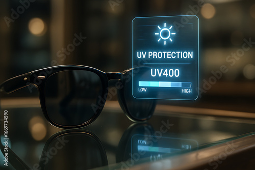 Sunglasses on Display with Holographic UV Protection Information