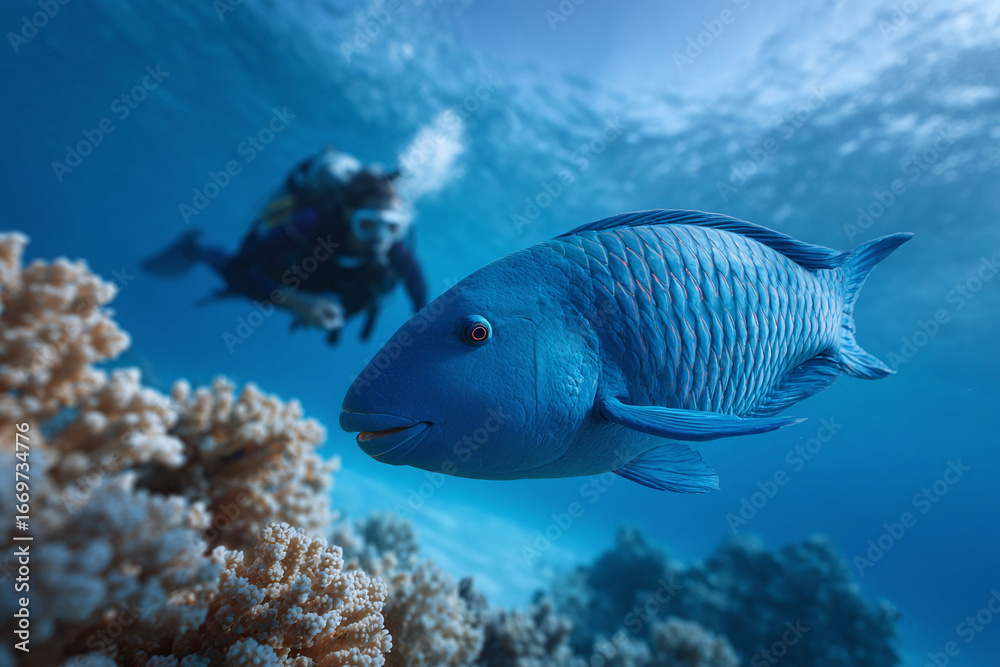 Obraz premium Vibrant underwater scene featuring a large, blue fish swimming near coral, with a scuba diver blurred in the background. Evokes wonder, adventure, and marine life conservation.