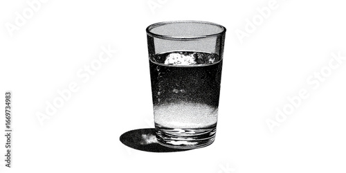 Glass Of Water In Halftone Style. Minimalist Hydration Concept In Black And Isolated On Transparent Background
