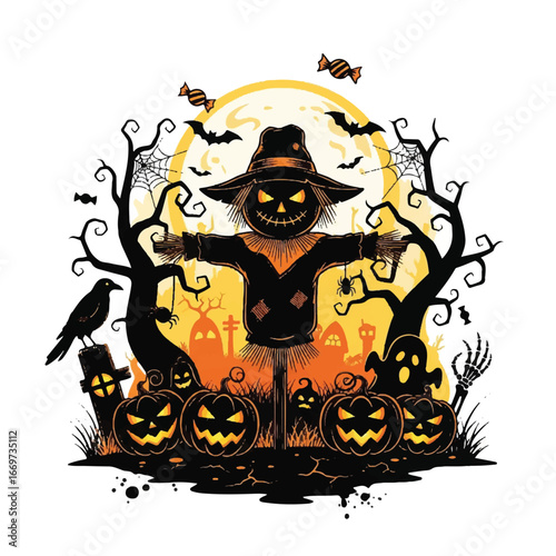 Halloween scarecrow graphic design with pumpkins, moon, bats, and graveyard elements.