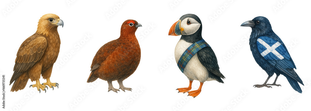 Fototapeta premium St. andrew day watercolor clipart features four birds including eagle, grouse, puffin, and crow with Scottish flag on crow wing