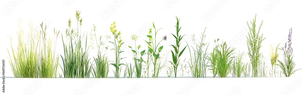 Fototapeta premium Realistic 3D grass render showing different growth phases on white.