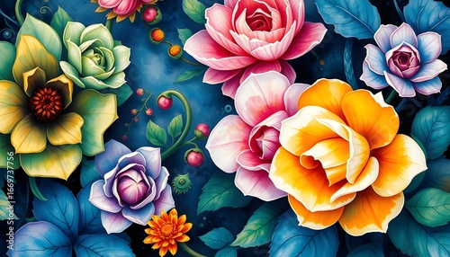 A vibrant and colorful floral arrangement featuring various blooming roses and other flowers.