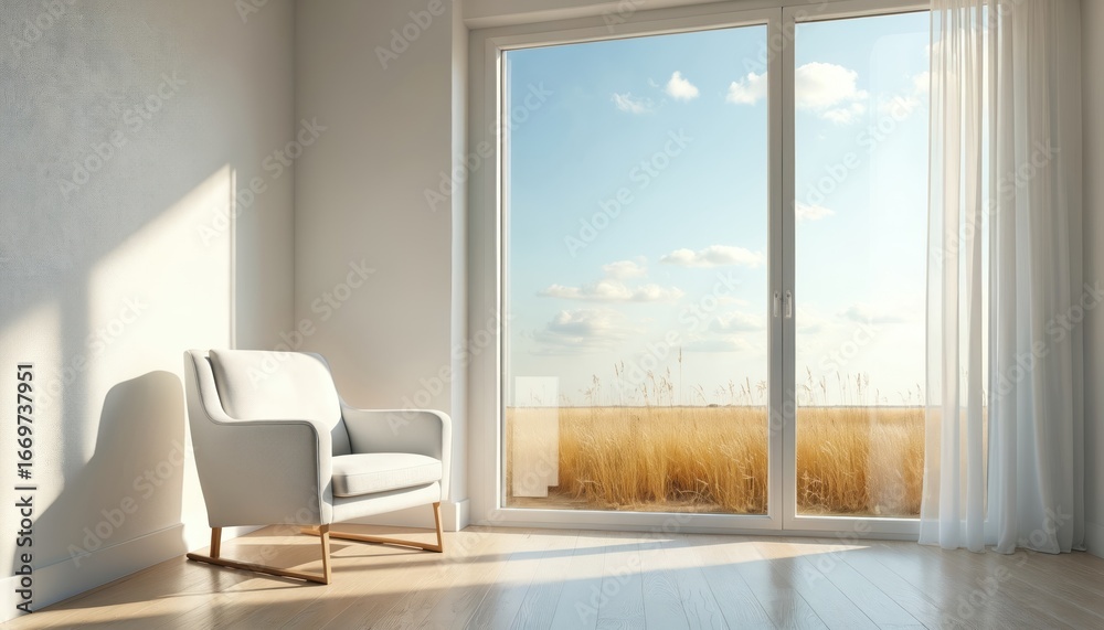 Fototapeta premium Minimalist interior features white armchair bathed in sunlight. Large window serene landscape with golden field, blue sky. White sheer curtain adds elegance. Comfortable, bright, peaceful room design.
