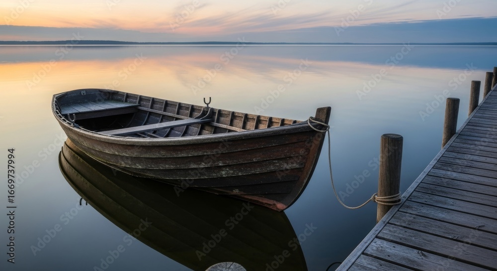 Fototapeta premium Wooden boat docked by a pier on a calm lake at dawn