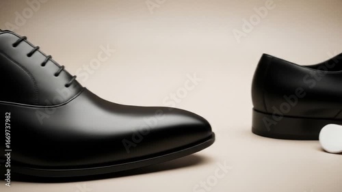 Two glossy black dress shoes are displayed on a beige surface with a white shoehorn beside one shoe