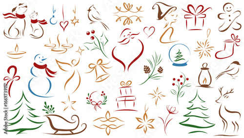 Collection of Christmas and New Year line art icons with gifts, trees, snowmen, ornaments and festive holiday motifs